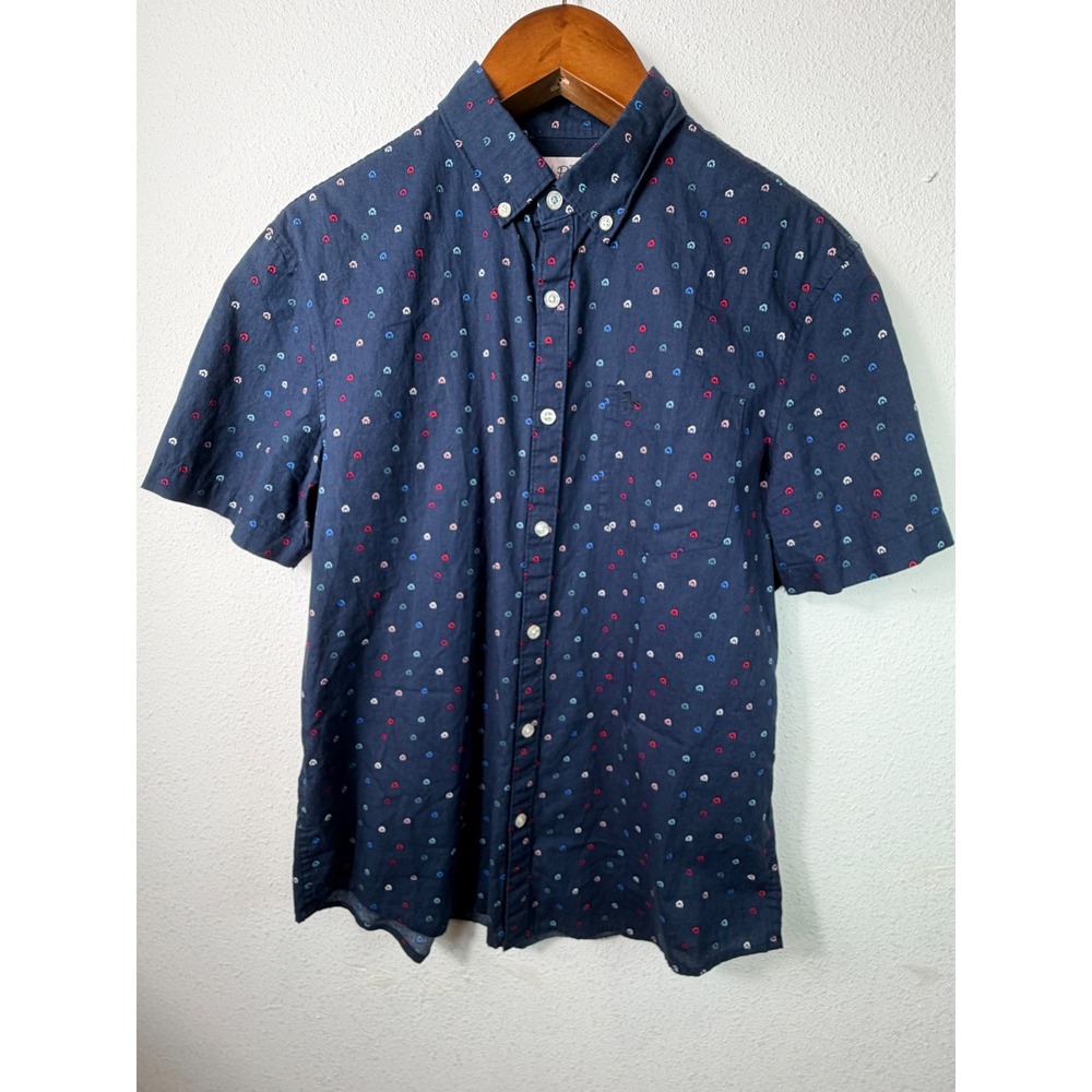 Original Penguin Mens Button Down Shirt Navy Blue Large House Print Short Sleeve